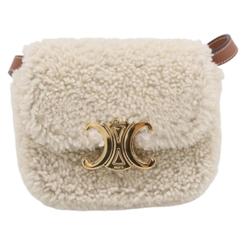Celine Triomphe Shoulder Shearling Beige Wool Handbag